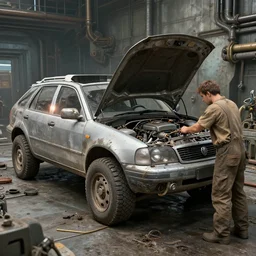 repairing a vehicle on a machine world, year 2 0 0 3, photorealistic