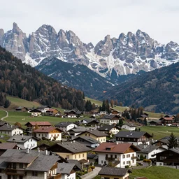 an italian town in the dolomites mountains, volcanic eruption