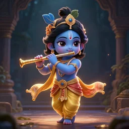 little lord krishna holding flute in one hand, full body, anime, chibi, illustration, concept art trending on artstation, devainart, clear face, cinematic lighting, atmospheric, magical effect, glowing effect, hd, hyperdetailed, hyperreal