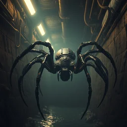 mechanical steampunk spider in a large dimly lit sewer, ultra detailed digital art, fine drawing, hyper real, 4 k, moody lighting, warm colors, shaded