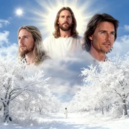 a fantasy landscape with white beautiful trees and jesus in heaven, perfect faces, jesus, jesus, tom cruise