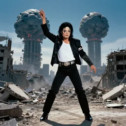 photo of michael jackson moonwalking in a destroyed city with a nuke in the background