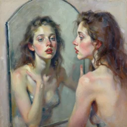 highly detailed expressionist oil painting of a mirror!!!! reflection of beautiful girl, expressive, impasto, pastel shades, rough canvas textured, dynamic pose, top lighting, loose brush strokes, perfect face, hyper detailed, digital painting, artstation, concept art, hyper detailed eyes, art by sam spratt and peter mohrbacher and james jean
