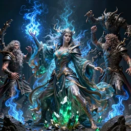 the female arcanist and the male artificer by zacharias aagaard and roger dean and brom and zdzisław beksinski and greg staples and wayne barlowe, beautiful, flowing magical robe, highly detailed, hyperrealistic, intricate, energy, electric, blue flame, low light, green crystal, high contrast, submission, resolute, lifelike