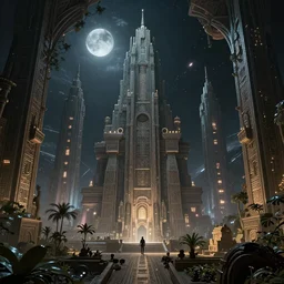 Cybernetic space forest scene in a giant Aztec space city, fantasy, two moons lighting, intricate details ,by denis villeneuve, Ridley Scott, Greg Rutkowski and Alphonse Mucha