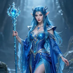 beautiful elemental water witch with ornate blue robes and staff, highly detailed, 4 k, hdr, smooth, sharp focus, high resolution, award - winning photo, artgerm, photorealistic