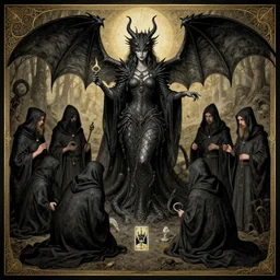 dragon demoness presides over cowering dark hooded cultists monks and devotees. wicca pagan viking norse tarot. by hieronymus bosch, cyril rolando and rebecca guay and natalie shau, whimsical, intricate. trending on devaintart