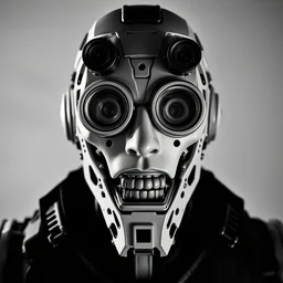 a black and white high quality photo of a male cyborg bust with square jaw and telescopes for eyes, highly detailed, symmetry, cinematic concept art, by emika lightweaver, tooth wu, artgerm