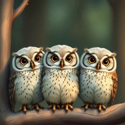 a family of owlets. the owls have really detailed, fluffy feathers. the colours are by wes anderson, picture by studio ghibli