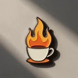 minimalistic enamel pin of a cup on fire flame, retro design