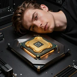 a beautiful man made of thermal paste laying atop a sizzling elegant sleek black and gold CPU designed by HP, 4k
