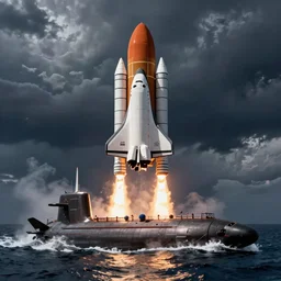 a submarine launching a space shuttle from a missile bay, realistic photo, digital photo