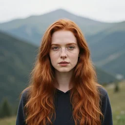 portrait photo of a red head girl, in a mountain, f/5.6, 1/100, ISO 300
