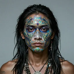 a medicine man with a face made of ornate sacred geometry, psychedelic, iridescent 8 k /