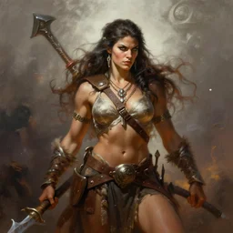 epic professional digital art of a strong fierce female barbarian by Frank Frazetta, trending on artstation, cgsociety, wlop, cosmic, epic, stunning, gorgeous