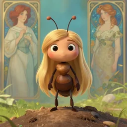 cute girl anthropomorphic ant with long blonde hair standing on an anthill, pixar, disney, portrait, high detail, sharp focus, digital painting, artstation, concept art, art by hayao miyazaki and artgerm and greg rutkowski and alphonse mucha.