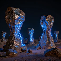 a desert composed of metallic rocks with electrical blue discharges, many electrical blue arches transmitting between the different rocks, moonless night, very black sky, cinematic, high quality, 1 6 k, breathtaking quality, detailed, hyperealistic, dreamy, fantasy digital art