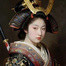 Baroque painting of a female Japanese Samurai, inspired by Gustav Moreau and Wayne Barlowe, exquisite detail, hyper realism, ornate, exquisite detail, cute face