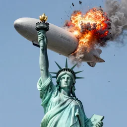 disaster photography,  airship during collision into statue of liberty, full color, explosion, 8k, hd, high resolution
