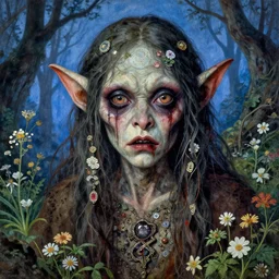 a pretty but sinister and creepy goblin man in layers of fear decoupage, with haunted eyes, violence in her eyes, 1 9 7 0 s, seventies, delicate embellishments, a little blood, woodland, blue dawn light shining on wildflowers, painterly, offset printing technique, by walter popp, alexandre cabanel