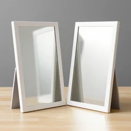 two mirrors with a white frame standing parallel closely to each other refracting each other recursively on a table, octane render 8 k