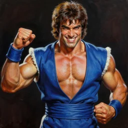 ultra realistic happy gilmour as ryu from street fighter, painting by frank frazetta, 4 k, ultra realistic, highly detailed,
