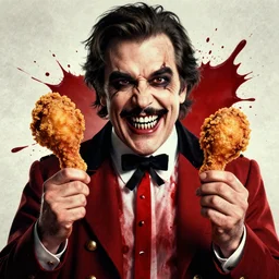 horror film poster. crazy colonel sanders with sharp teeth. holding fried chicken. blood splatter background realistic.