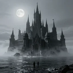 black majestic fantasy fortress on the shores of an ocean made of mist under a pale moon in the style of marcin rubinkowski, greg rutkowski, lorenzo lanfranconi, oleg zherebin, trending on artstation, ultra wide angle