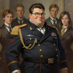 oil painting of anime villain, male, brunette, glasses, fat, military uniform, smiling as doomguy, elegant, detailed, fantasy, hd shot, digital portrait, beautiful, artstation, comic style, unreal engine, by artgerm, guy denning, jakub rozalski, magali villeneuve and charlie bowater