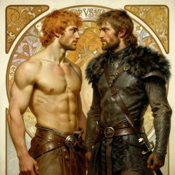 2 muscular attractive men, game of thrones, painting by gaston bussiere, craig mullins, greg rutkowski, alphonse mucha