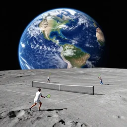 people playing tennis on the surface of the moon with the planet earth in the background