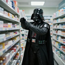 darth vader in a pharmacy surrounded by pills and swinging at a rack of servers, hyperrealistic,