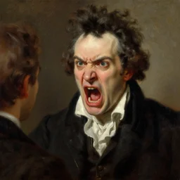 angry franz schubert screaming at someone, detailed oil painting