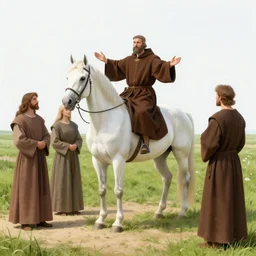 medieval monk preaching with open arms near his white beautiful horse, three man and two woman's, grassy field with sandy spot, city of carcassonne in the background by stanley artgerm lau, wlop, rossdraws, frank frazetta, andrei riabovitchev, marc simonetti, tranding on artstation