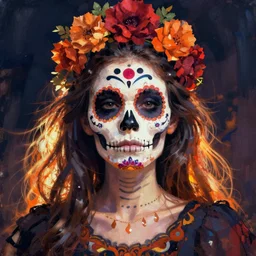 Illustration of a sugar skull day of the dead girl, art by howard finster