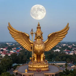 wide aerial view of vishnu riding garuda statue, a very large supermoon in the background
