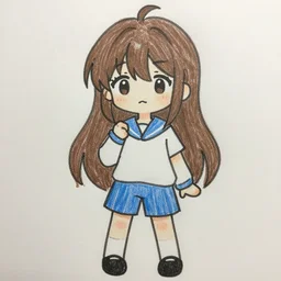 very poorly drawn anime girl, cute outfit, posing, crayon art, very silly looking, very anime