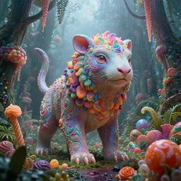giant iridescent animal creature in candy jungle, raining, foggy, moody, : : dan mcpharlin daniel merrian : : ornate, dynamic, particulate, rich colors, intricate, elegant, highly detailed, centered, artstation, smooth, sharp focus, octane render, 3 d