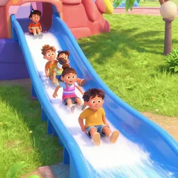 kids coming down a waterslide in the style of pixar