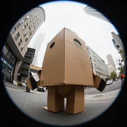 City of cardboard viewed from the streets, fisheye photo