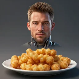a head shot of channing tatum as half human and half a tater tot on a plate, ef 8 5 mm f 1. 8 usm, bionic scifi alexandre ferra, hyper detailed, digital art, trending in artstation, cinematic lighting, studio quality, smooth render, unreal engine 5 rendered, octane rendered