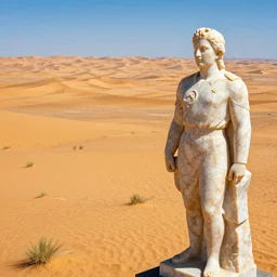 an endless desert landscape in the style of thomas cole with a soviet marble statue in the foreground, raytracing, 8 k, octane render, volumetric, vivid, beautiful, hyperrealism