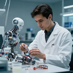 professional shot of a scientist thin latino male in his tech lab, developing some female cyborg parts. from love death and robots ( 2 0 1 9 ). coherent portrait, intricate, elegant, highly detailed, digital photo, trending on artstation, hdr photo, smooth, sharp focus