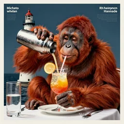 rendering lunch of red orangutan drinking cocktails, shaking lighthouse as shaker, holding in hand, white tablecloth, glass tableware, travel poster artwork by michael whelan and tomer hanuka, high contrast, full of details, by makoto shinkai and thomas kinkade, matte painting, trending on artstation and unreal engine