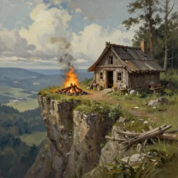 an abandoned campfire on the edge of a cliff, as an oil painted book cover illustration, and dnd environment, cottagecore, concept art, readability, extremely detailed, sharp focus, art by brothers hildebrandt