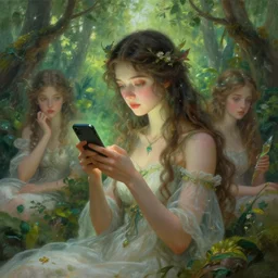 fantasy nature goddess checking her phone, art by josephine wall, magic realism, art by huang guangjian, art by amanda sage