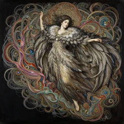 a beautifull intricate painting of a beatifull woman wearing a feathered cloak surrounded by ornate tendrils, flying silk, internse colors, hyper detailed, artstation, concept art, by peter mohrbacher, by wlop, by ruan jia