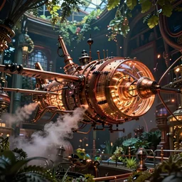 A glowing electrical Steampunk aircraft in a victorian museum, james gurney, cinematic lighting, lots of steam and sparks, wires made of copper, artstation, vibrant nature, Tuomas Korpi, tekkon kinreet, volumetric light, artstation, , octane render, redshift render, low angle camera, rich deep moody colors