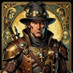 a detailed portrait illustration of a steampunk warrior - wizard. rugged masculine face. art nouveau, pop art, comic book style. influenced by neil gaiman, h. p. lovecraft, dan mumford, brian froud, richard corven, killian eng, ross tran.