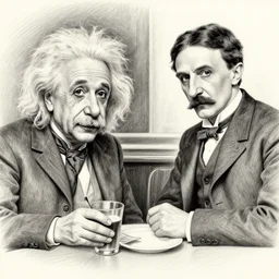 Einstein and Tesla sitting at cafe, pencil drawing, ultra detailed